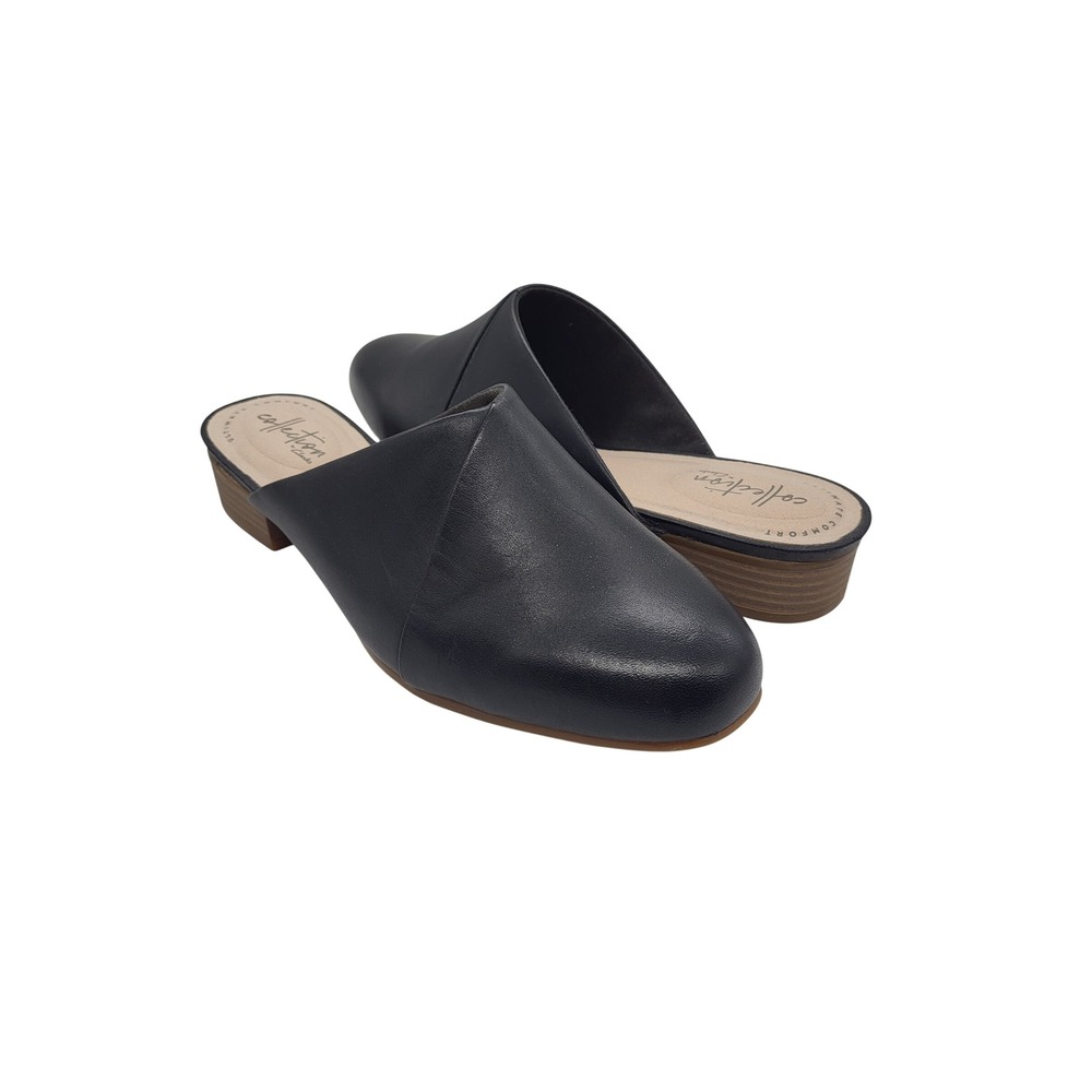 Clarks Juliet Willow Mules Women 7W Wide Black Leather Block Heel Loafers NEW